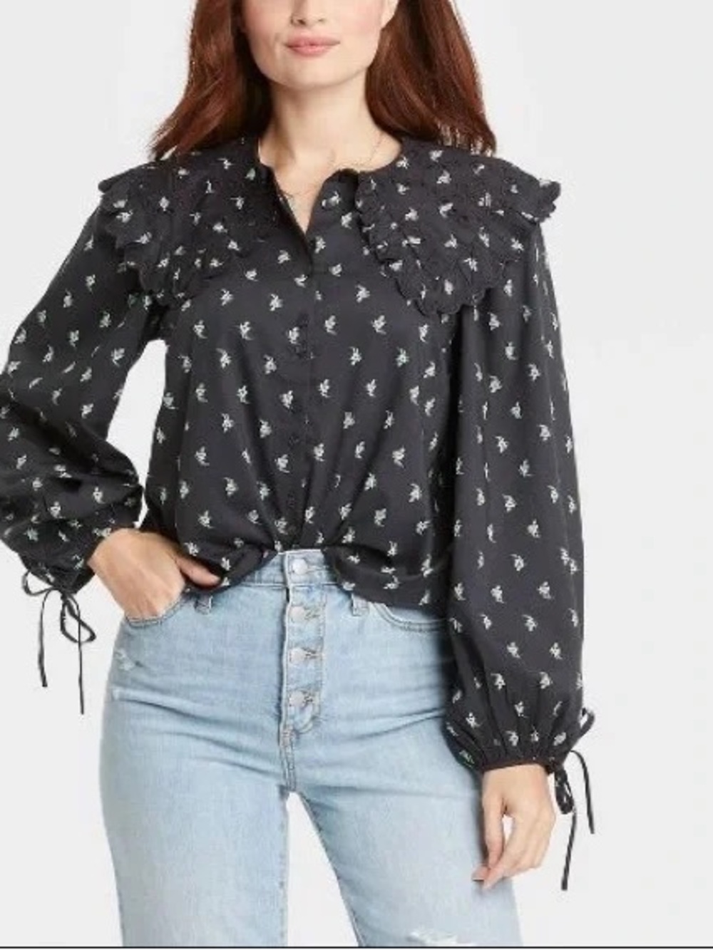 Universal Thread Dark Grey Balloon Sleeve Eyelet Yoke Button Down Shirt  XS